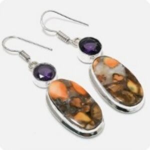 Petrified Wood, Amethyst 925 Sterling Silver Handmade Dangle Earrings